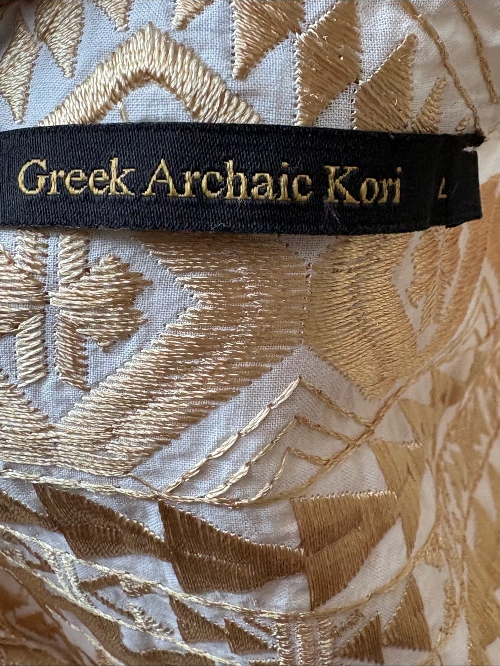 Greek Archaic Kori White and Gold Embroidered Sleeveless Tiered Dress - Picture 7 of 8